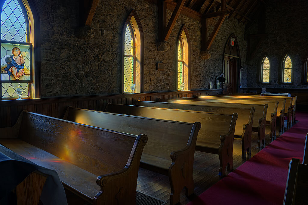 Wooden pews inside the chapel
